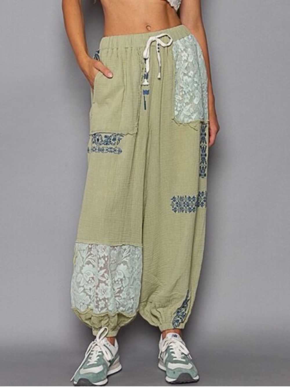 POL I'm So Fly Gauze + Lace Embroidered Slouchy Jogger Pants